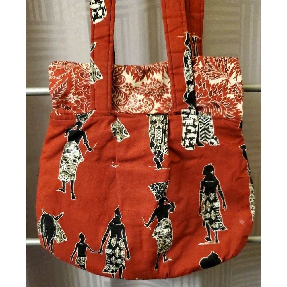 Quilted Red Cloth Tribal Afro Tote Bag Purse 11" X 10" ~‎ 13" Strap